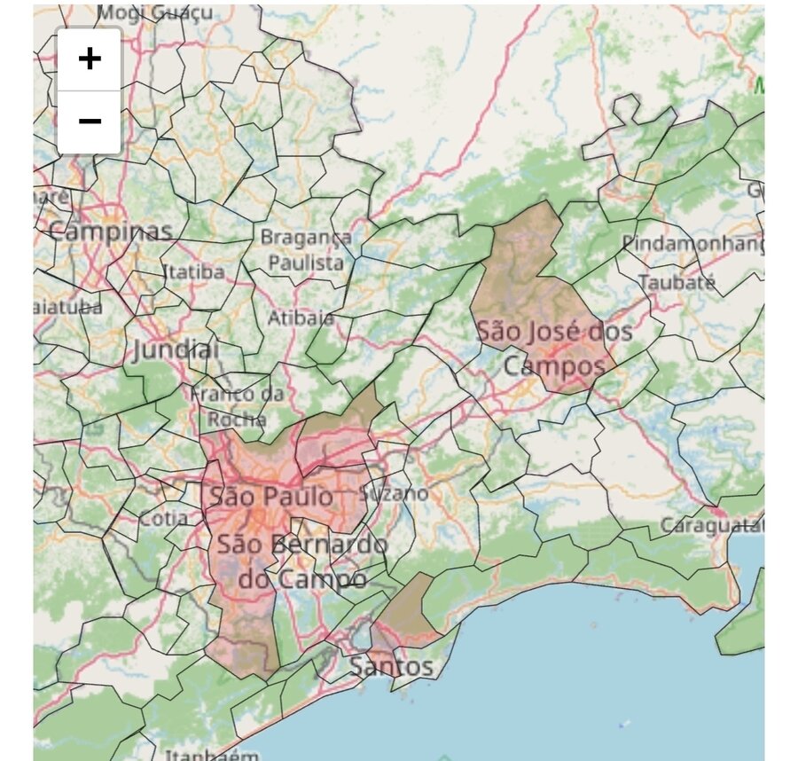 Mapa de cobertura de uma Dobrada mostrando os municípios pactuados na Grande São Paulo, São José dos Campos e Baixada Santista